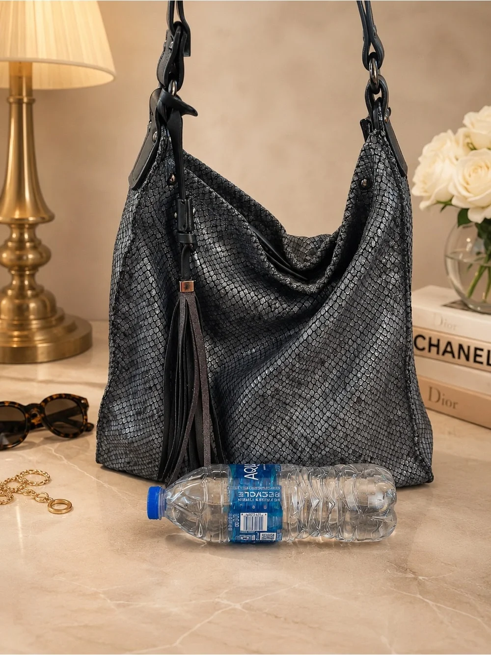 Sondra Roberts Squared Metallic Snake Print Hobo Bag Tassel Pewter